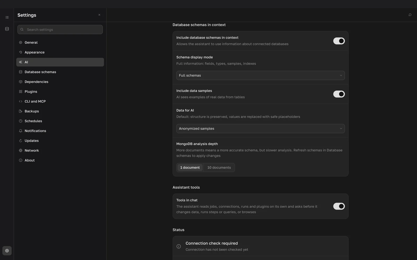 Settings > AI with the Database schemas in context group and the Data for AI options
