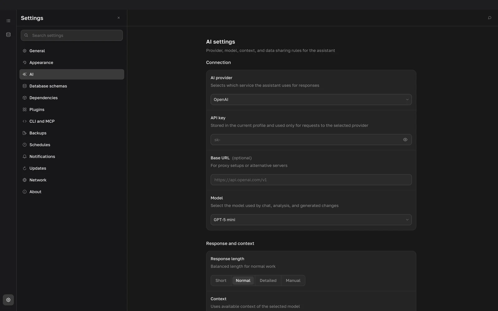 Settings > AI with the AI provider, API key, Base URL and Model rows