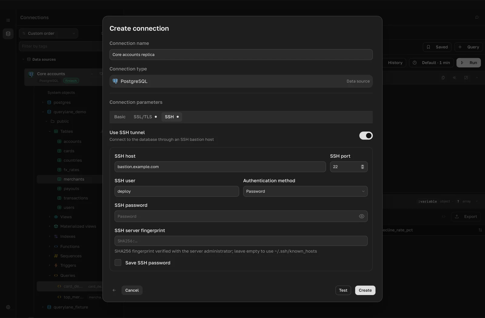 Create connection dialog on the SSH tab with Use SSH tunnel on and Private key selected