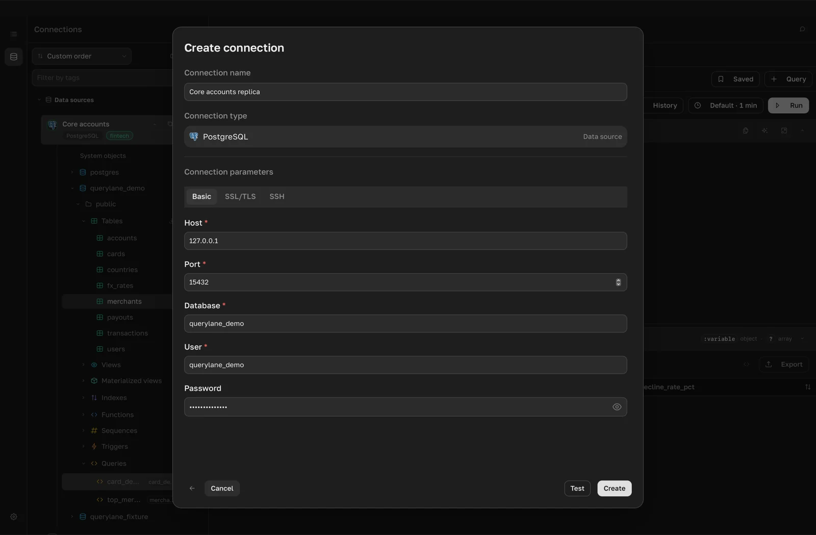Create connection dialog with PostgreSQL selected, Basic tab filled in and "Connection works" next to the Test button