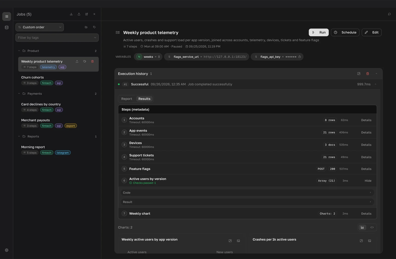 Execution history with one successful run expanded and the step list with a Details section open