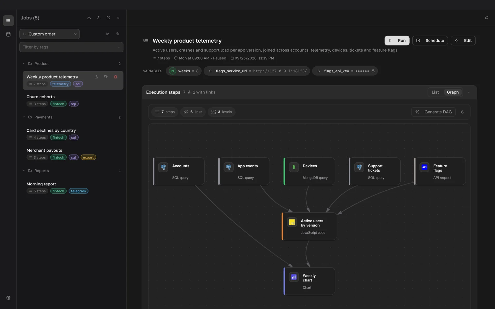 Graph view of a job with parallel branches and a selected node panel
