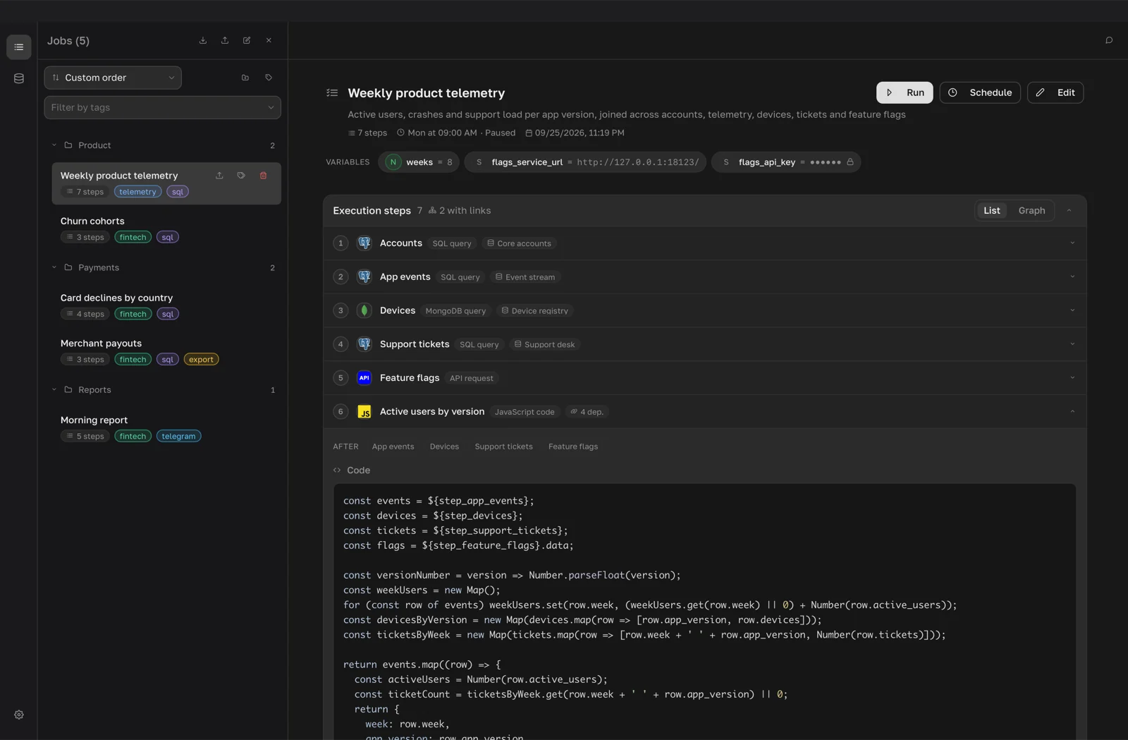 Job editor with the JavaScript step open, the Orders badge under Step results and the step token in the code