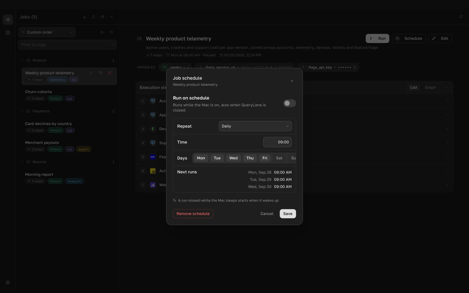 Job schedule dialog with Daily repeat on weekdays and the Next runs list