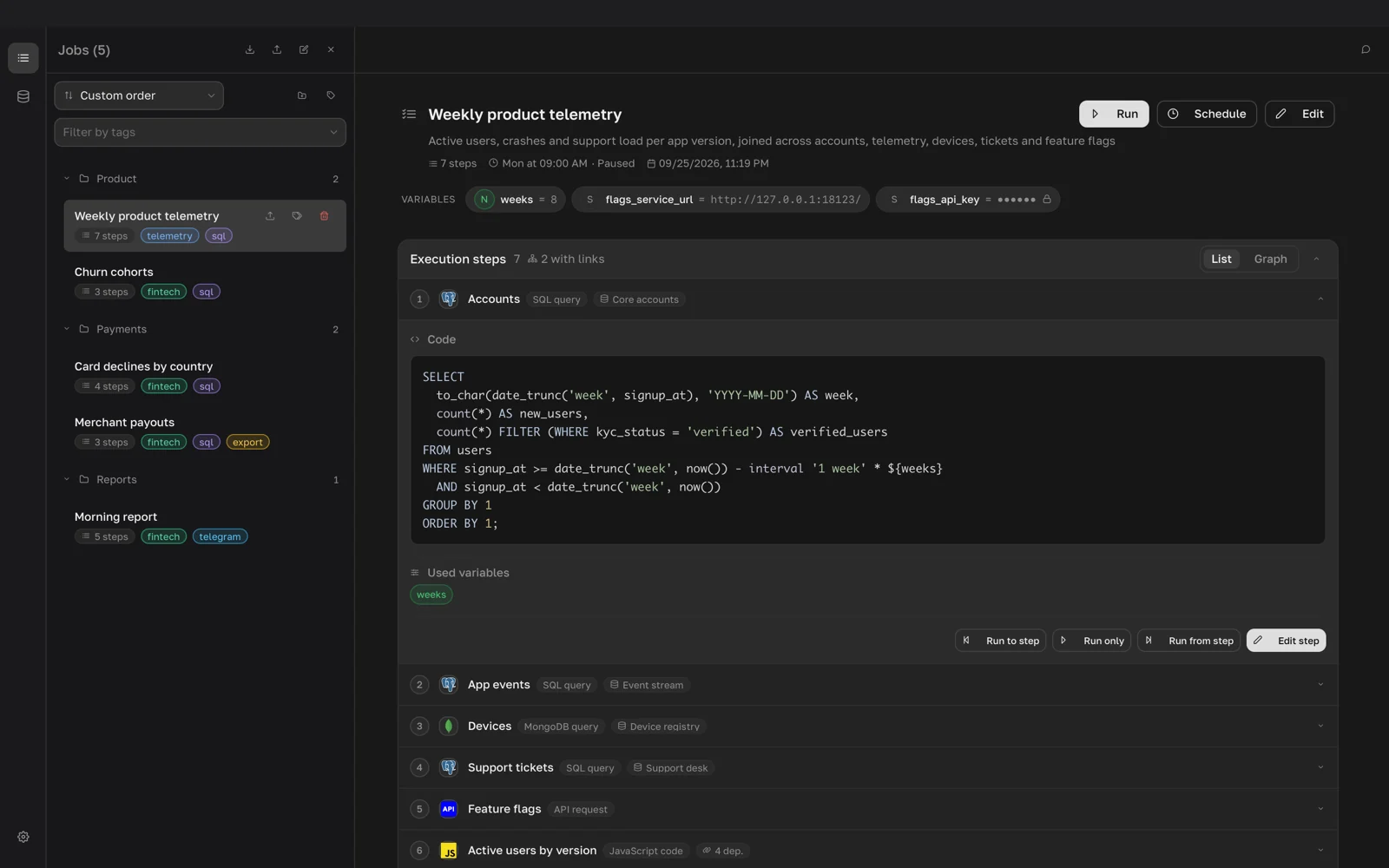 Job page in List view with one step expanded and the Run to step, Run only and Run from step buttons