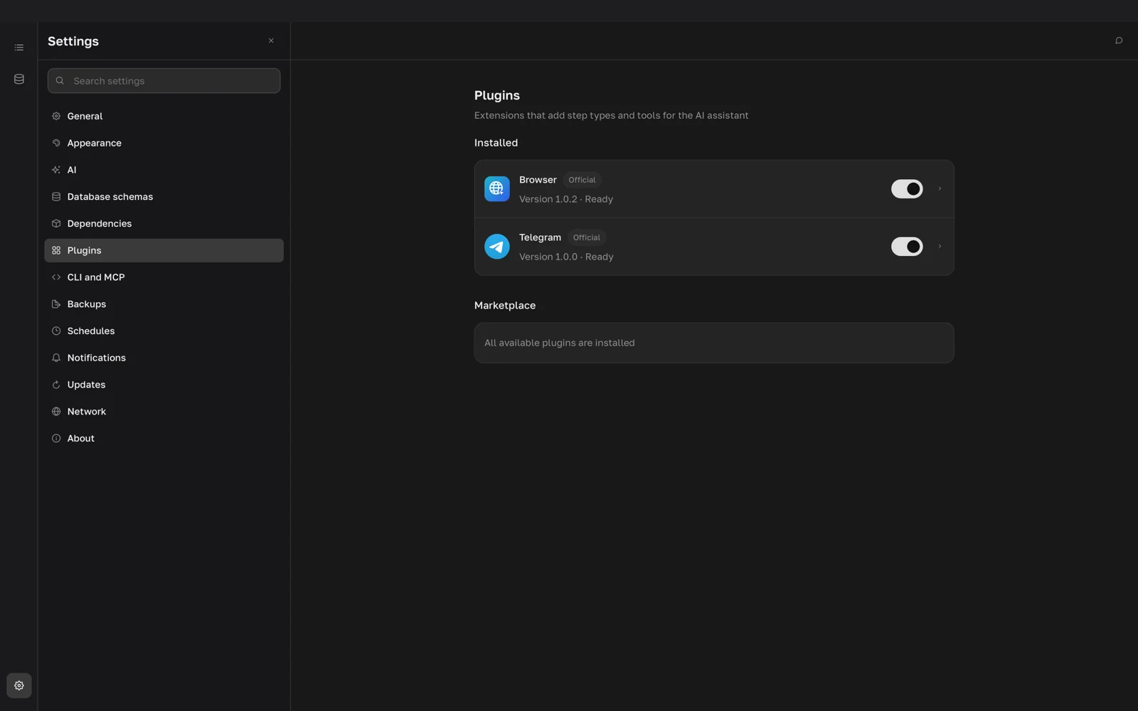 Settings > Plugins with the Installed and Marketplace lists and the install dialog listing permissions