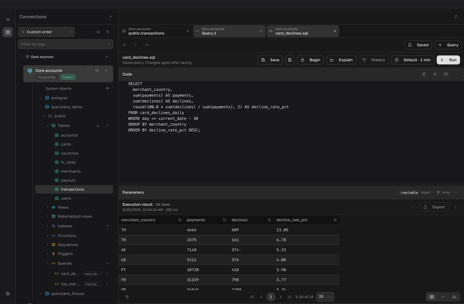 Query tab with a SELECT in the Code panel and the Execution result grid below it
