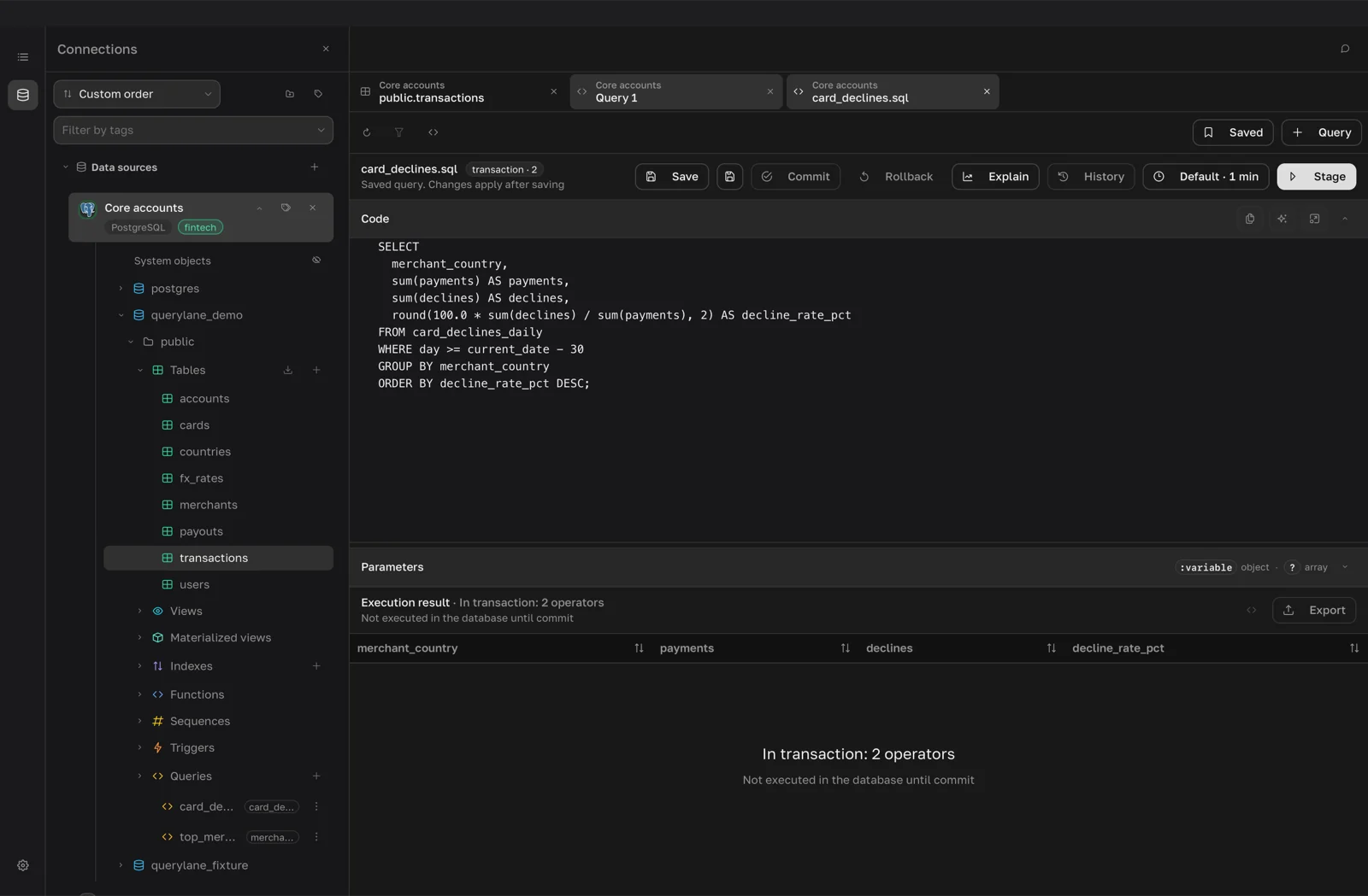 Query tab with the transaction · 2 badge and the Stage, Commit and Rollback buttons