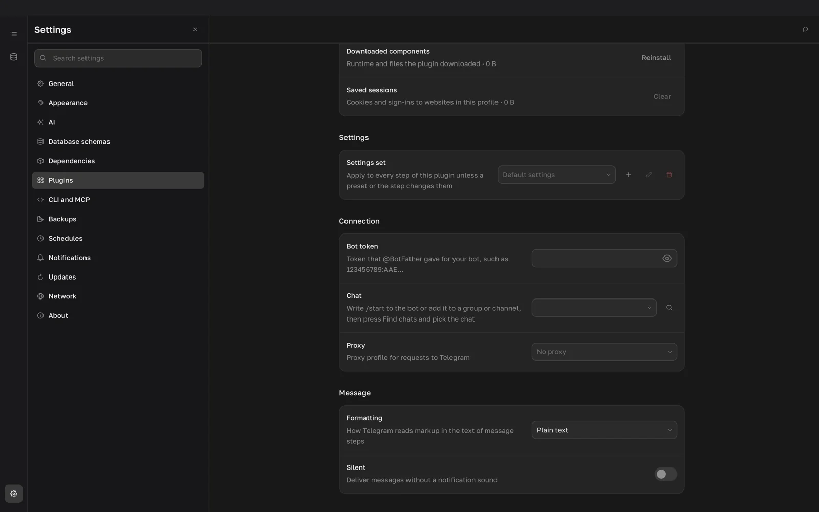 Telegram plugin page with Bot token, Chat with the search button, Proxy, Formatting and Silent